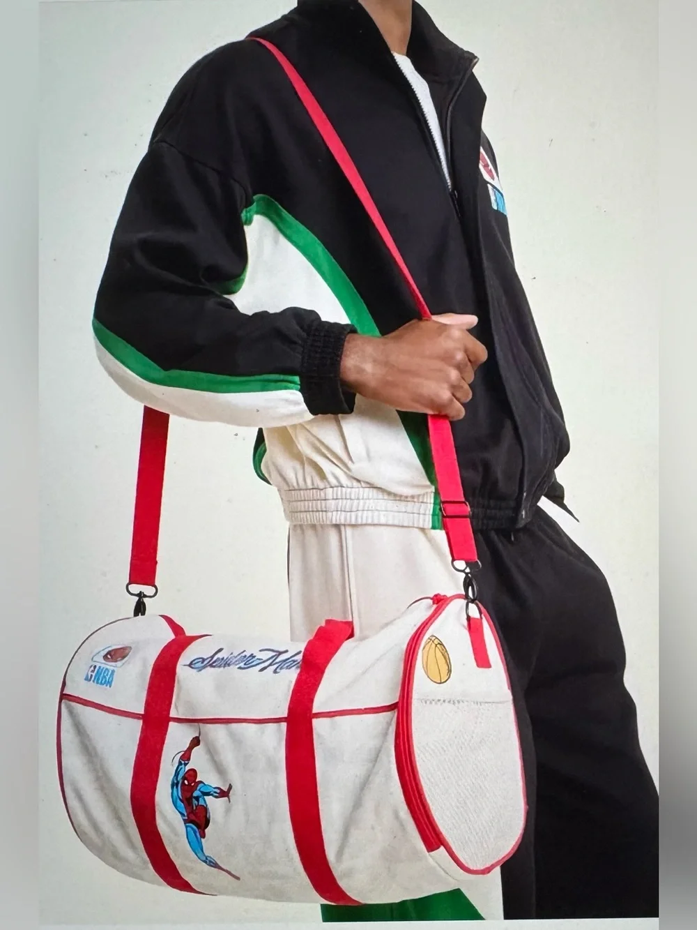 NBA Unisex White and Red Canvas Duffel with Retro Basketball Motif
